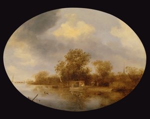 River landscape with men unloading lobster pots